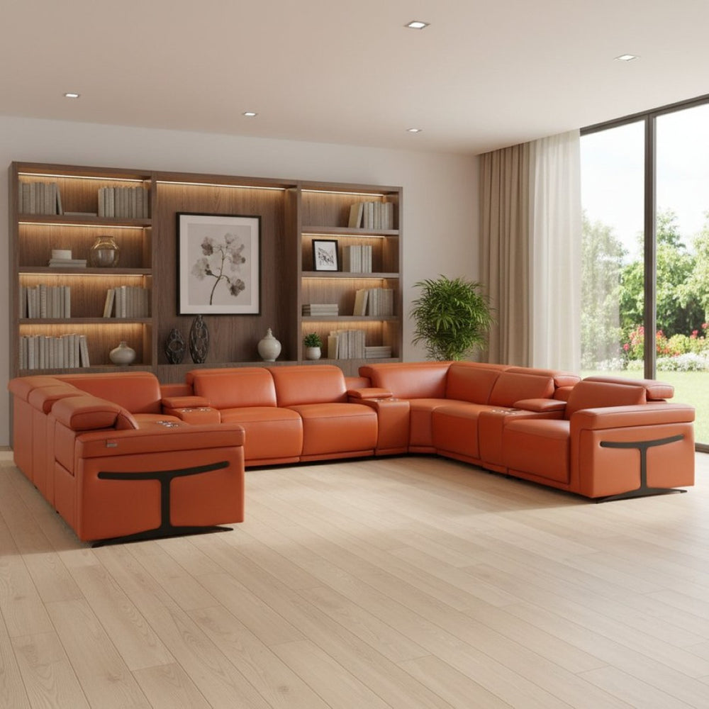 HomeRoots Camel Italian Leather U-Shaped Sectional with Power Recliners, Console & Modern Design Features 634660