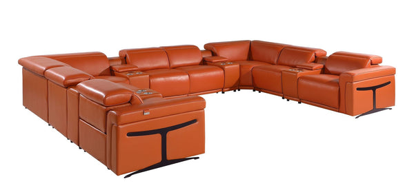 HomeRoots Camel Italian Leather U-Shaped Sectional with Power Recliners, Console & Modern Design Features 634660