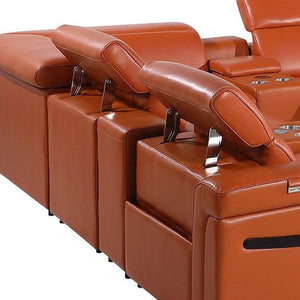 HomeRoots Camel Italian Leather U-Shaped Sectional with Power Recliners, Console & Modern Design Features 634660