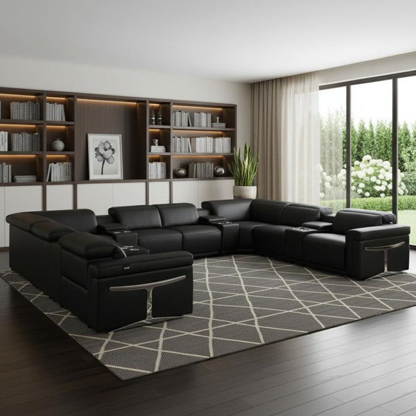 HomeRoots Black Italian Leather U-Shaped Power Reclining Sectional Sofa with Console for Ultimate Comfort 634661