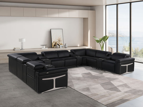 HomeRoots Black Italian Leather U-Shaped Power Reclining Sectional Sofa with Console for Ultimate Comfort 634661