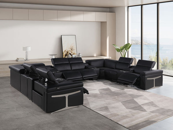 HomeRoots Black Italian Leather U-Shaped Power Reclining Sectional Sofa with Console for Ultimate Comfort 634661