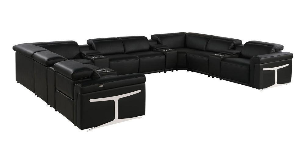 HomeRoots Black Italian Leather U-Shaped Power Reclining Sectional Sofa with Console for Ultimate Comfort 634661