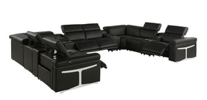 HomeRoots Black Italian Leather U-Shaped Power Reclining Sectional Sofa with Console for Ultimate Comfort 634661