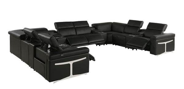 HomeRoots Black Italian Leather U-Shaped Power Reclining Sectional Sofa with Console for Ultimate Comfort 634661