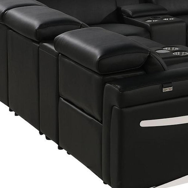 HomeRoots Black Italian Leather U-Shaped Power Reclining Sectional Sofa with Console for Ultimate Comfort 634661