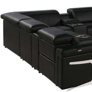 HomeRoots Black Italian Leather U-Shaped Power Reclining Sectional Sofa with Console for Ultimate Comfort 634661