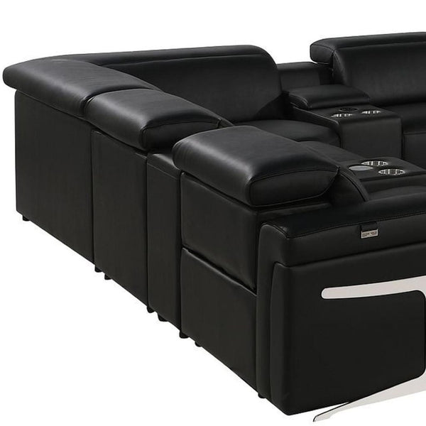 HomeRoots Black Italian Leather U-Shaped Power Reclining Sectional Sofa with Console for Ultimate Comfort 634661