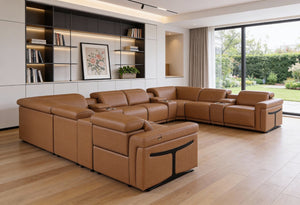 HomeRoots Chestnut Italian Leather U-Shaped Sectional Sofa with Power Recliners & Console for Ultimate Comfort 634662