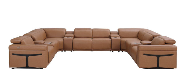 HomeRoots Chestnut Italian Leather U-Shaped Sectional Sofa with Power Recliners & Console for Ultimate Comfort 634662