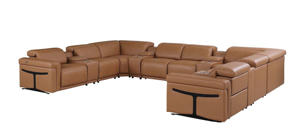 HomeRoots Chestnut Italian Leather U-Shaped Sectional Sofa with Power Recliners & Console for Ultimate Comfort 634662