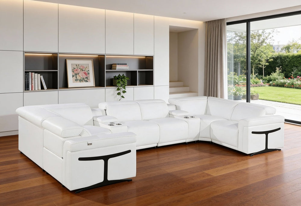 HomeRoots White Italian Leather U-Shaped Sectional Sofa with Power Recline, Console, and Modern Style Features 634664