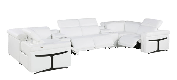 HomeRoots White Italian Leather U-Shaped Sectional Sofa with Power Recline, Console, and Modern Style Features 634664