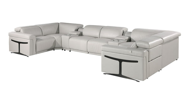 HomeRoots Light Gray Italian Leather U-Shaped Sectional Sofa with Power Recline, Console & USB – Modern Comfort! 634665