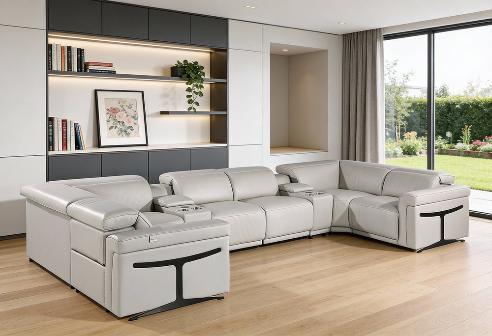 HomeRoots Light Gray Italian Leather U-Shaped Sectional Sofa with Power Recline, Console & USB – Modern Comfort! 634665