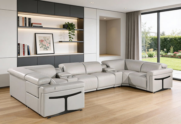 HomeRoots Light Gray Italian Leather U-Shaped Sectional Sofa with Power Recline, Console & USB – Modern Comfort! 634665
