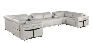 HomeRoots Light Gray Italian Leather U-Shaped Sectional Sofa with Power Recline, Console & USB – Modern Comfort! 634665