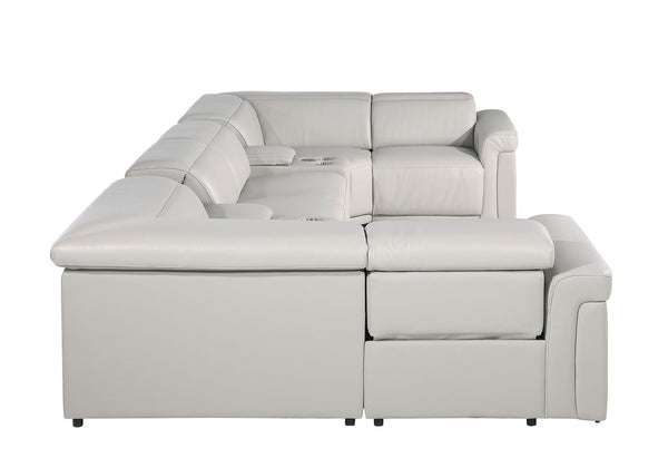 HomeRoots Light Gray Italian Leather U-Shaped Sectional Sofa with Power Recline, Console & USB – Modern Comfort! 634665