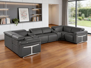 HomeRoots Dark Gray Italian Leather U-Shaped Sectional with Power Recline, Console & Wireless Charging Features 634666