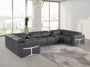 HomeRoots Dark Gray Italian Leather U-Shaped Sectional with Power Recline, Console & Wireless Charging Features 634666