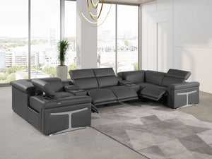 HomeRoots Dark Gray Italian Leather U-Shaped Sectional with Power Recline, Console & Wireless Charging Features 634666