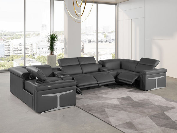 HomeRoots Dark Gray Italian Leather U-Shaped Sectional with Power Recline, Console & Wireless Charging Features 634666