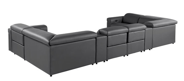 HomeRoots Dark Gray Italian Leather U-Shaped Sectional with Power Recline, Console & Wireless Charging Features 634666