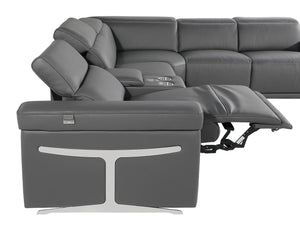 HomeRoots Dark Gray Italian Leather U-Shaped Sectional with Power Recline, Console & Wireless Charging Features 634666