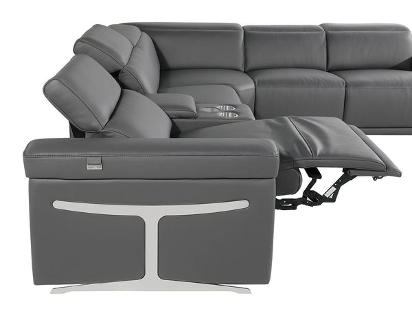 HomeRoots Dark Gray Italian Leather U-Shaped Sectional with Power Recline, Console & Wireless Charging Features 634666