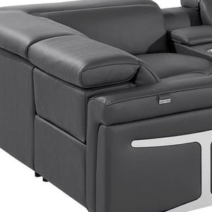 HomeRoots Dark Gray Italian Leather U-Shaped Sectional with Power Recline, Console & Wireless Charging Features 634666