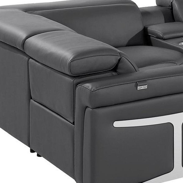 HomeRoots Dark Gray Italian Leather U-Shaped Sectional with Power Recline, Console & Wireless Charging Features 634666