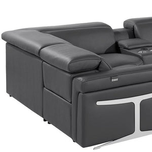 HomeRoots Dark Gray Italian Leather U-Shaped Sectional with Power Recline, Console & Wireless Charging Features 634666