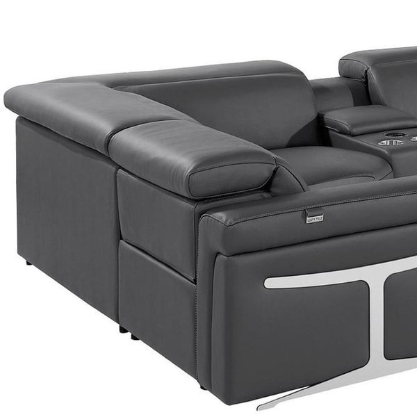 HomeRoots Dark Gray Italian Leather U-Shaped Sectional with Power Recline, Console & Wireless Charging Features 634666