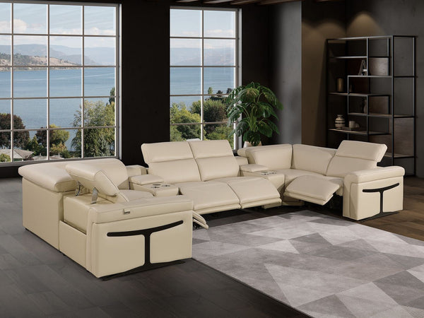 HomeRoots Beige Italian Leather U-Shaped Power Reclining Sectional - Luxurious Comfort & Modern Design 634667