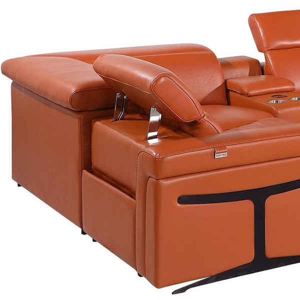 HomeRoots Camel Italian Leather U-Shaped Sectional with Power Recliners, Console & Modern Comfort Features 634668