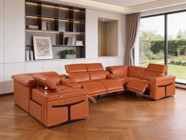 HomeRoots Camel Italian Leather U-Shaped Sectional with Power Recliners, Console & Modern Comfort Features 634668