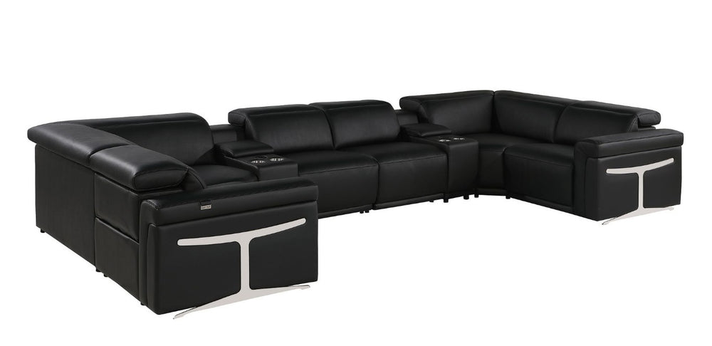 Black Italian Leather Power Reclining Sectional Eight Seat U Sofa with Storage Console