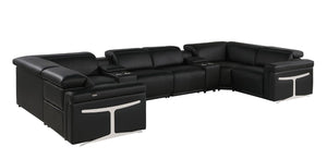 Black Italian Leather Power Reclining Sectional Eight Seat U Sofa with Storage Console