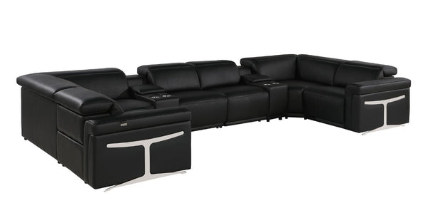 Black Italian Leather Power Reclining Sectional Eight Seat U Sofa with Storage Console