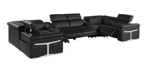 Black Italian Leather Power Reclining Sectional Eight Seat U Sofa with Storage Console