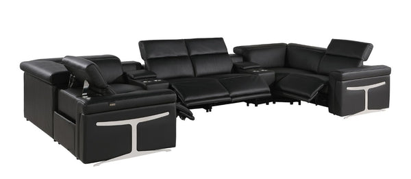 Black Italian Leather Power Reclining Sectional Eight Seat U Sofa with Storage Console