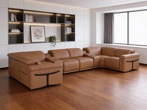 Chestnut Italian Leather Power Reclining U-shaped Sectional with Built-in Console