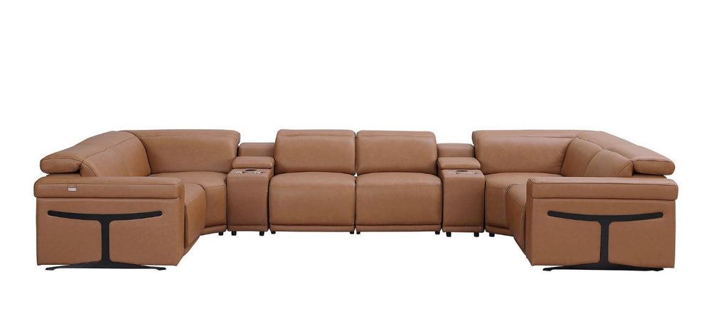 HomeRoots Chestnut Italian Leather Power Reclining U-shaped Sectional with Built-in Console 634670