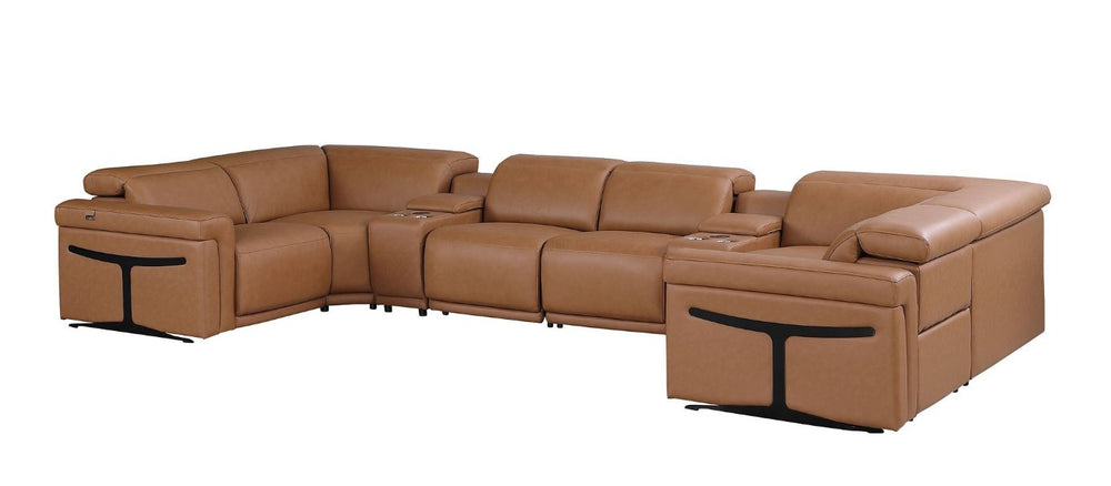 HomeRoots Chestnut Italian Leather Power Reclining U-shaped Sectional with Built-in Console 634670