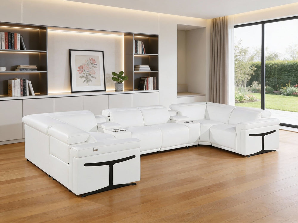 HomeRoots White Italian Leather U-Shaped Power Reclining Sectional Sofa with Console for Ultimate Relaxation 634672