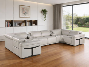 HomeRoots Light Gray Italian Leather Power Reclining U-Shaped Sectional with Console for Ultimate Comfort 634673