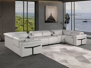 HomeRoots Light Gray Italian Leather Power Reclining U-Shaped Sectional with Console for Ultimate Comfort 634673