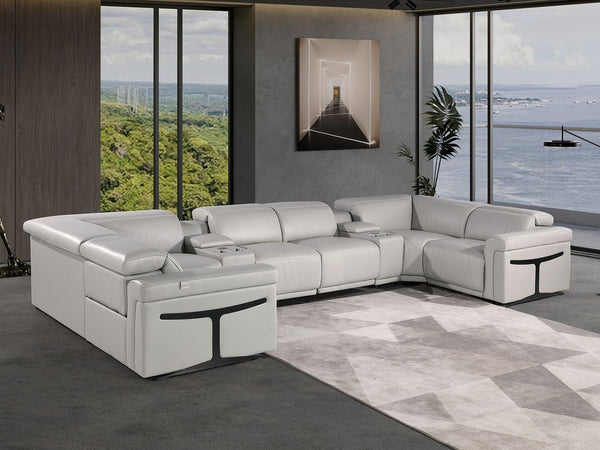 HomeRoots Light Gray Italian Leather Power Reclining U-Shaped Sectional with Console for Ultimate Comfort 634673