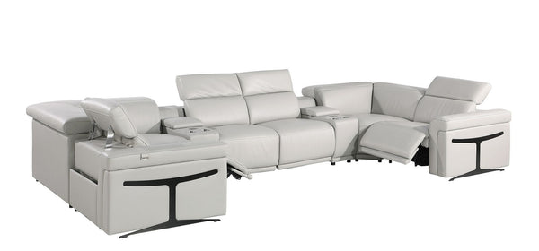 HomeRoots Light Gray Italian Leather Power Reclining U-Shaped Sectional with Console for Ultimate Comfort 634673