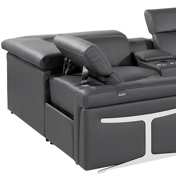 HomeRoots Dark Gray Italian Leather Power Reclining U-Shaped Sectional with Console for Ultimate Comfort & Style 634674